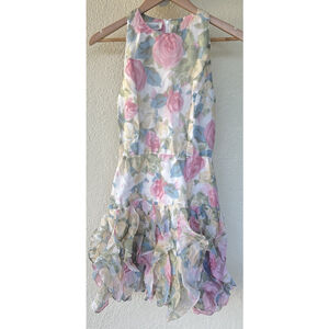 Vintage Gillian Silk Floral Ruffle Mini Dress Size 2 Pastel Fairy Garden Party